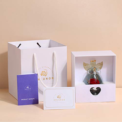 ANLUNOB Forever Red Rose in Angel Glass Figurines Artificial Flower in A Glass Dome - Eternal Handmade Flowers Galaxy Rose Gifts for Women Christmas Wedding Valentine's Day Anniversary and Birthday