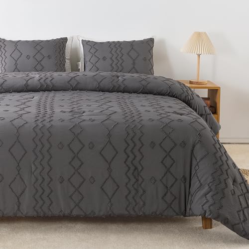 Image of Andency Dark Gray Tufted Comforter Set Full(79x90Inch), 3 Pieces(1 Tufts Comforter, 2 Pillowcases) Boho Textured Farmhouse Bed, Down Alternative Geometric Bedding Set