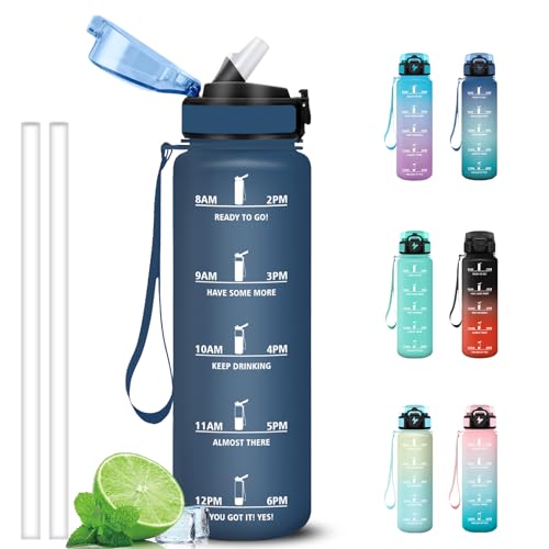 Grsta Gourde 1l, Anti Fuite Gourde Sport avec Paille, Verrou de Sécurité, Gourdes Motivationnelle, Facile à Nettoyer, Bouteille d'eau avec Marqueur de Temps pour Cyclisme, Gym, Yoga