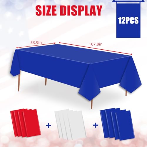 Image of 12 Pcs Plastic Tablecloths, Disposable Rectangle Red White Blue 54 x 108 Inch Waterproof Table Covers for 4th of July Patriotic Independence Memorial Veterans Day Party Decorations
