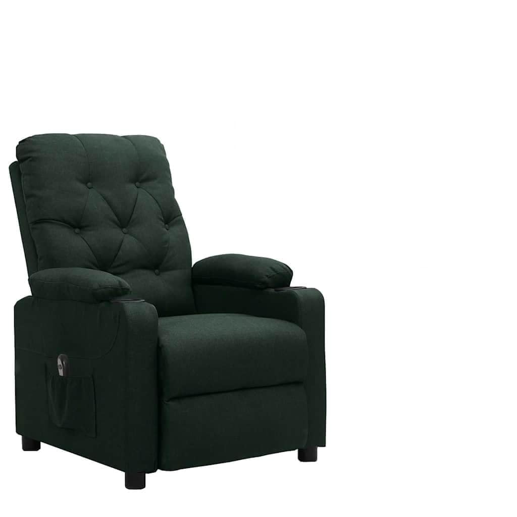 Poltrona relax elettrica in tessuto verde scuro con funzione reclinabile, schienale e poggiapiedi regolabili, design moderno, struttura in legno e metallo resistente, ideale per soggiorno