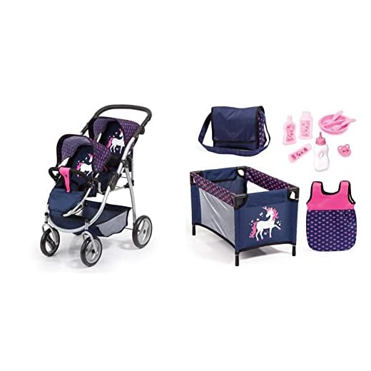Bayer Design 26554Aa, Carrito Doble para Muñecas, Cochecito Gemelar Juguet, Altura Regulable, Plegable & Juego, Accesorios para muñecos bebé, 11 en 1, Kit Cuna de viaj, Saco de Dormir
