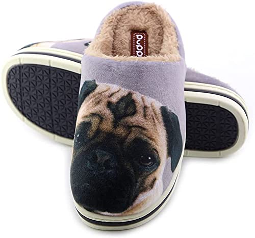 Cute Funny Unisex Animal Cartoon Pattern Winter Warm Thick Slipper, Pug, 9.5-10 B(M) US/44-45 EU