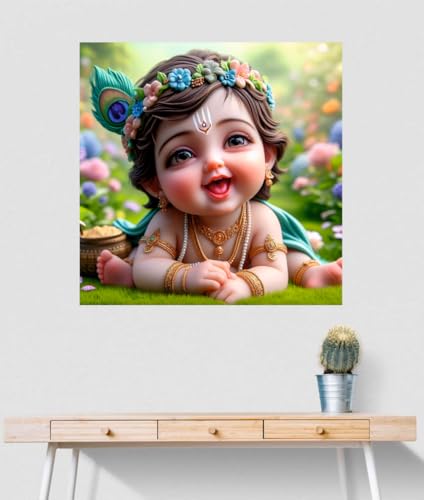 Image of Akki Wold Baby Krishna With Flower Hairband Wall Poster Living Room, Office, Pooja Room (Size - 41CM X 41CM)