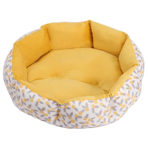 DOTBUY-SHOP Hundebet Rundes Katzenbett, PP Baumwolle Hundekissen, Plüsch-Hundekorb Hundebett Waschbar, für Groß Kleine Hunde, Katzen und Andere Haustiere (S,Gelbe Blume)