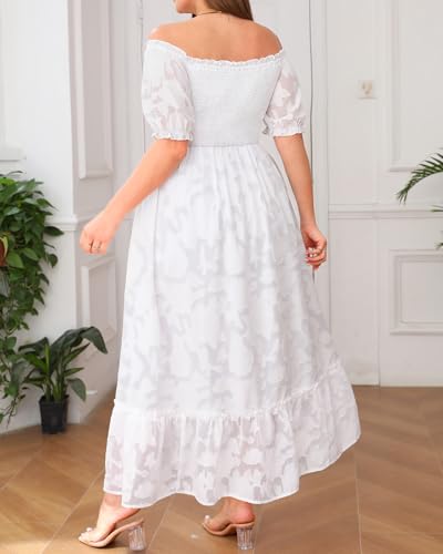 Image of Plus Size Summer Dresses Sun - Maxi Boho Casual Off Shoulder Floral Lace Long Dress with Pockets