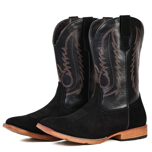 IUV Cowboy Boots for Men Suede Square Toe Western Boots Pull On Durable Classic Embroidered Boot