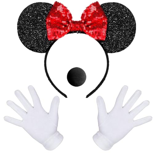 iZoeL Minni Maus Haarreifen mit Glitzer Maus Ohren Schleife Handschuhe Mouse Nase, Damen Mädchen Karneval Fasching Halloween Kostüm