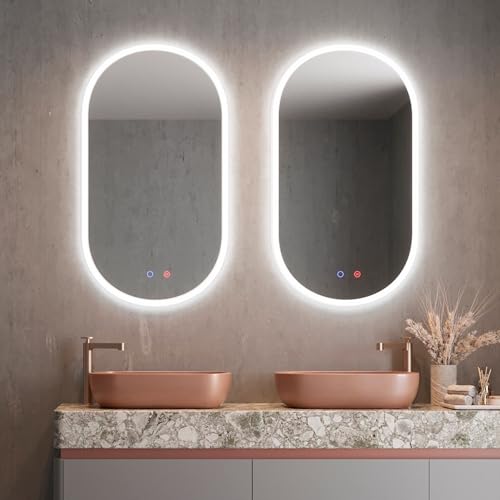 NOLUXA LEDIMEX Espelho de casa de banho com luz LED e anti-embaciamento, 90 x 50 cm, espelho de casa de banho com luz frontal fria 6500 k e sensor ON/Off, espelho de parede oval com moldura acrílica