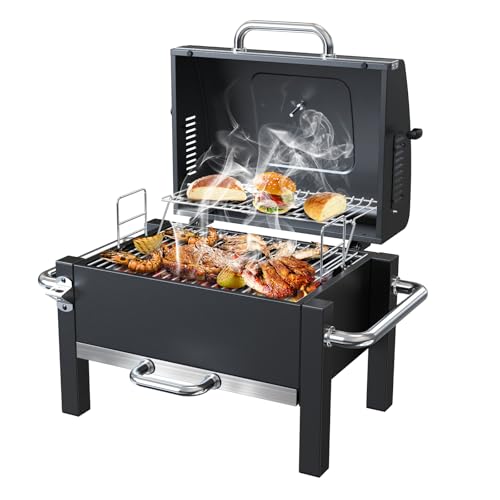 BBQCuker Portable Charcoal Grill with Warming Rack, Tabletop Charcoal Grill, Small BBQ Grill with Thermometer(100-800°F), Outdoor Charcoal Smoker for Camping, Picnic, Hiking, Beach and Travel