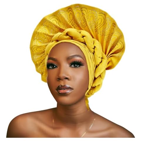 QliHut Fashion Asoke Gele Headties Nigerian For Women, Auto Gele Headties African Aso Oke Headgear For Wedding Party (Gold) Cover