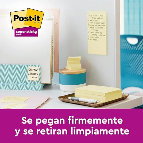 Post-it Super Sticky Notas, Canary Yellow, 76 mm x 76 mm, 90 hojas/bloc, 4 blocs/paquete + 2 GRATIS - Notas Extra Adhesivas para Listas de Tareas y Recordatorios - imagen 3