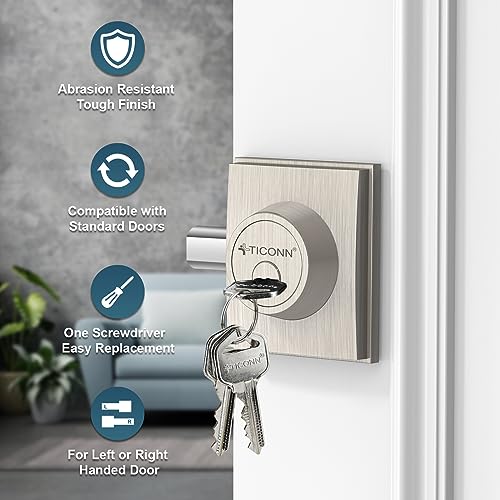 Image of TICONN Front Door Handle Set, Heavy Duty Square Door Lever & Single Cylinder Deadbolt Combo Reversible for Entrance Exterior Doors (Deadbolt Only)
