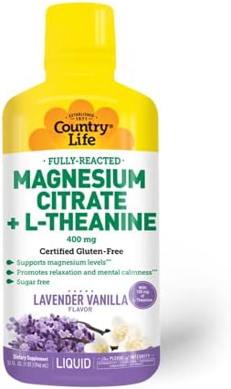Country Life Citrato de magnesio + L-teanina, 400 mg, sabor a vainilla y lavanda, líquido de 32 onzas líquidas, certificado sin gluten, certificado