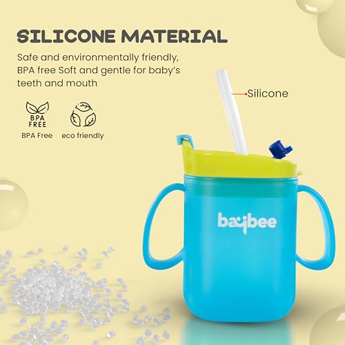 Image of BAYBEE Hazzy 2 in 1 280ml Baby Sipper Bottle for Kids, Drinking Training Anti Spill Sippy Cup with Silicone Straw, Spill Proof & Non-Slip Twin Handles | Spout Sipper Cup for Infants 6+ Months (Blue)
