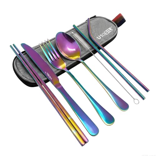 U10SIL Premium 8-Piece Travel Cutlery Set – Stainless Steel Portable Utensils with Case | Reusable, Eco-Friendly Camping, Picnic & Office Flatware Kit | Camping Cutlery Set for Travel (Rainbow)