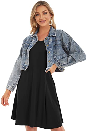 Elescat Fall Dresses For Women Casual With Pockets Summer Mini Beach Sundress Short Sleeve Loose Fit(Black,L) #TOP3