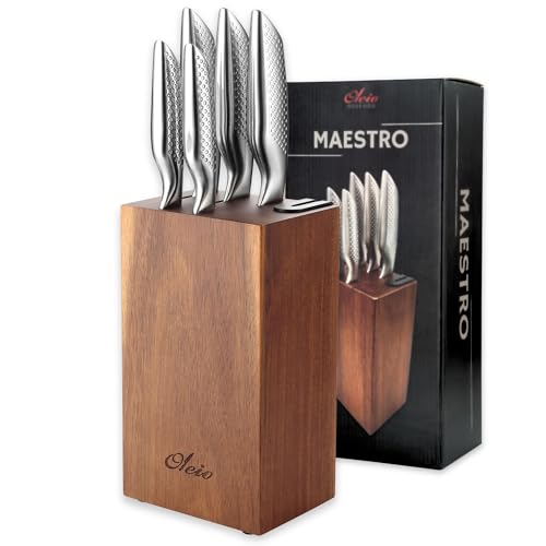 Oleio Maestro Bloc à Couteaux 5 Pièces en Acier Inoxydable avec Bloc en Bois d’Acacia et Aiguiseur Intégré | Couteaux de Cuisine Professionnels pour...