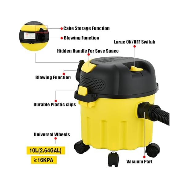 Wet-Dry Vacuum, 3-in-1 Portable Shop Vacuum Cleaner with 2 Peak HP Power Suction, Lightweight Wet Dry Vacuum with Blower & Wall Mount Design for Car, Pet Hair, Hard Floor - Image 6