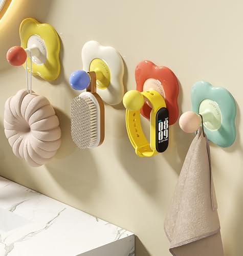 Image of House of Quirk No-Trace Vacuum Suction Cup Hooks, Heavy-Duty Flower Wall Hooks (4 Pack) - Removable & Reusable Hooks for Bathroom, Kitchen, Door Back, Shower (Multicolor)