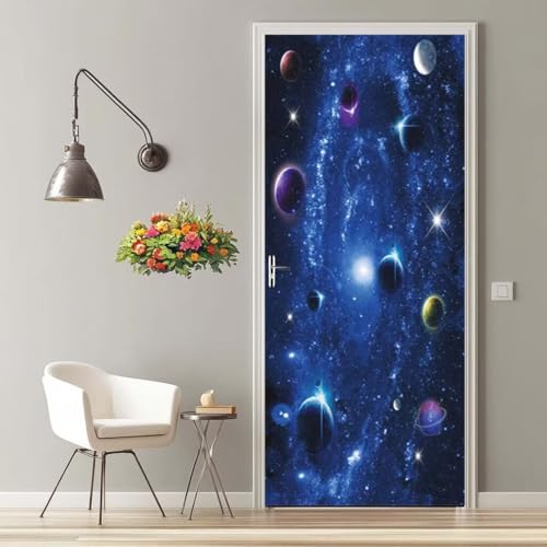 3D Azul Cielo Estrellado Vinilo para Puertas Autoadhesivo Impermeable Etiqueta de la Puerta Pegatina Mural Extraíble para Puertas Interiores Cocina Sala de Baño Decorativos 77X200cm -MT2301