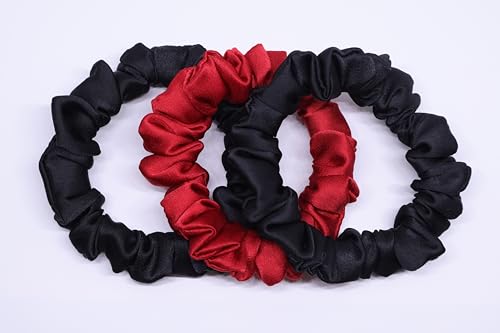 Image of Satin Scrunchies Hair Bands for Women | No-Damage Elastic Hair Ties for Ponytails & Buns | Fluffy & Stylish Rubber Bands | Free Size | Pack of 3 (Set of Black and Maroon Red Color)