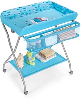 COSTWAY Baby Changing Table, Folding Diaper Care Station with 4 Lockable Wheels, Large Storage Basket, Rack & Shelf, Mobile Newborn Bath and Changer Unit (Blue)