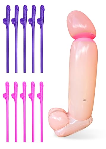 Bachelorette Party Funny Willy Straws and Inflatable Balloon Set Adult Novelty Naughty Drinking Straws 10 Pcs and 1 Blow Up Willy Hen Party Decorations