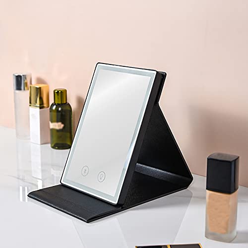 Pu Leather Folding Makeup Mirror,Led Lights Vanity Mirror With Touch Screen,Tabletop Makeup Mirror,Travel Cosmetic Mirror,Portable Illuminated Mirror For Travel, Black #TOP5
