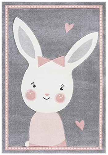 SAFAVIEH Carousel Kids Collection Accent Rug - 2' x 3', Grey & Ivory, Bunny Design, Non-Shedding & Easy Care, Ideal for High Traffic Areas for Boys & Girls in Playroom, Nursery, Bedroom (CRK166F)
