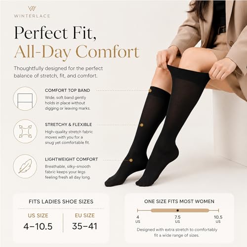 Image of Winterlace Women's Trouser Socks, Opaque Stretchy Nylon Knee High, Many Colors, 6 or 12 Pairs