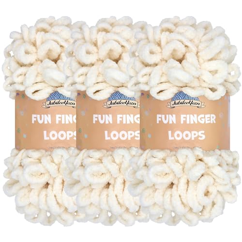 JubileeYarn Fun Finger Loops Yarn - 100g/Skein Jumbo Polyester - Ivory - 3 Skeins