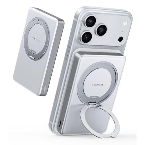 TORRAS Ostand Minimag 10000mAh Magnetic Portable Charger, 360° Rotatable Stand, Compact Ultra-Fast Charging Travel Essential for iPhone 17/16/15/14 Pro Max Plus, AirPods - White
