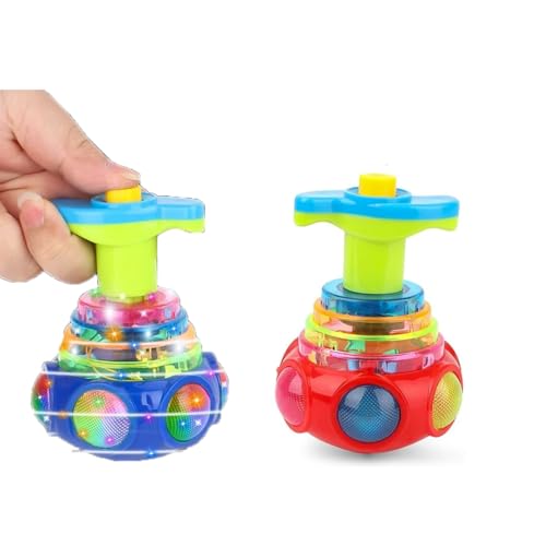 2Pcs Jouet Musical Clignotant avec Lanceur, Toupie Lumineuse et Musicale pour Enfant, Gyroscope Lumineux à Del, Jouets à Roulettes, Couleur Aléatoire