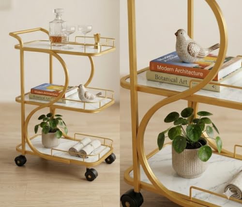 Image of Serving Trolley with Wheels for Home, Tea Food Drinks Serving Kitchen Trolley Restaurant, Hotels,Dining Room bar cart with Wheels (Gold-White)