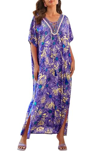Orshoy Damen Strandkleid Sommerkleid V-Ausschnitt Print Maxi Kaftan Kleid Cover Up Strandponcho Lose Maxikleid Sommer Beachwear Lila
