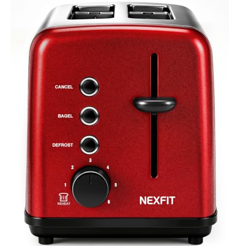 Image of Toaster 2 Slice, Stainless Steel, 6 Shade Settings, 1.5 inch Extra Wide Slots | NEXFIT Retro Toaster with Bagel, Defrost, Reheat & Cancel Functions, 900W, Removable Crumb Tray, High Lift, Cord Wrap, Red