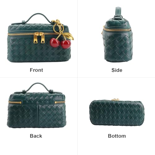 Image of Small Woven Box Crossbody Bags for Women Designer Leather Mini Top Handle Clutch Purse Square Vanity Bag with Cherry Charm