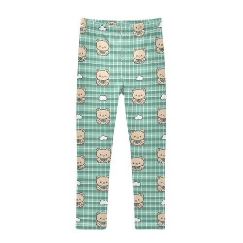 Cute Bear Green Plaid Girls Leggings Soft Stretch Workout Yoga Dance Pants for Kids Casual Tights
