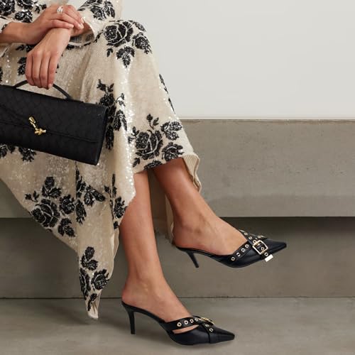 Black Kitten Heels for Women Pointed Closed Toe Stiletto Heel Pumps Studded Buckle Straps Sexy Comfortable Dressy Bow Heel Slip on Mule Heels for Women3