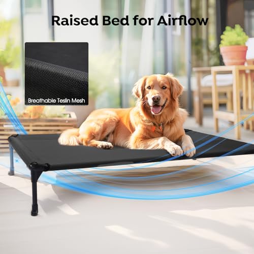 Veehoo Outdoor Hundeliege erhöht, Hundebett Erhöht mit abnehmbarem Bloster Kühlendes Erhöhtes Hundebett mit Atmungsaktivem Teslin-Netz für Haus und Garten, Schwarz 107 x 76 x 18cm