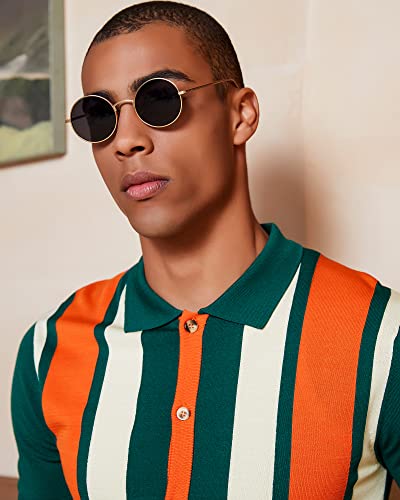 Kallspin Men's Vintage Knit Polo Shirt Short Sleeve Striped Button Down Knitting Golf Shirts4