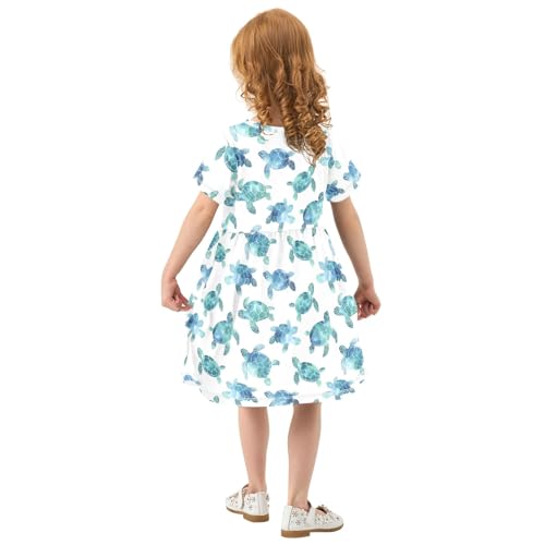 Watercolor Sea Turtle White Prints Summer Girls Short Sleeve Dress Casual Dresses Beach Sundress for 2-8 Years3