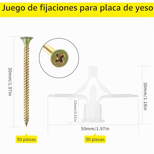 Miniatura 2 de 100 Piezas Fijaciones Para Placas De Yeso 50 Tacos De Pared, 50 Tornillos , Tacos Y Tornillos Para Pladur Placas Pared, Expansión Anclajes Para Hueca Paneles De Yeso