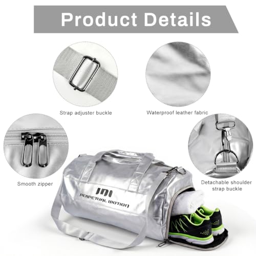 Image of PALAY Gym Bag for Women Silver PU Leather Travel Bags with Shoe Compartment and Wet Pocket Waterproof Large Capacity Duffel Bag for Sports, Swimming, Weekend and Overnight Use