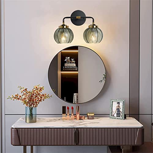 Image of Mid Century Vanity Light Black Bathroom Wall Light Fixtures Green Glass Wall Sconce lamp Ribbed Glass Shade Modern Art Deco Vanity Lights for Over Mirror Bedroom Hallway 2 Lights