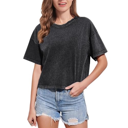 KEEVICI Cropped T Shirts for Women Vintage Baggy Solid Color Basic Tees Acid Wash Cotton Tshirt Black Grunge Crop Tops2