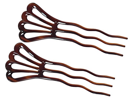 Parcelona French Fan Tortoise Shell Brown Large Wavy Crink 3 Teeth Celluloid Chignon Hair Pins Sticks