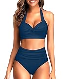 Tempt Me Women Two Piece Swimsuit High Waisted Bikini Halter Vintage Retro Bathing Suit Indigo Blue Push up Swimwear L