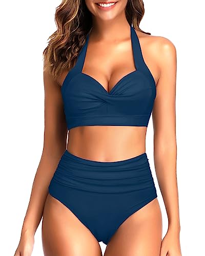 Image of Tempt Me Women Two Piece Swimsuit High Waisted Bikini Halter Vintage Retro Bathing Suit Push up Swimwear